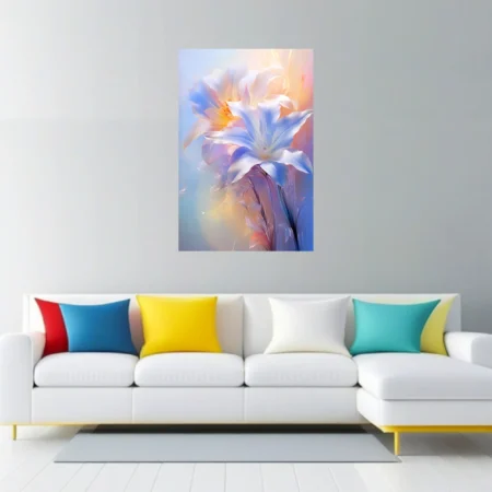 Iridescent lily-style floral art in soft blue, peach, and white pastel tones