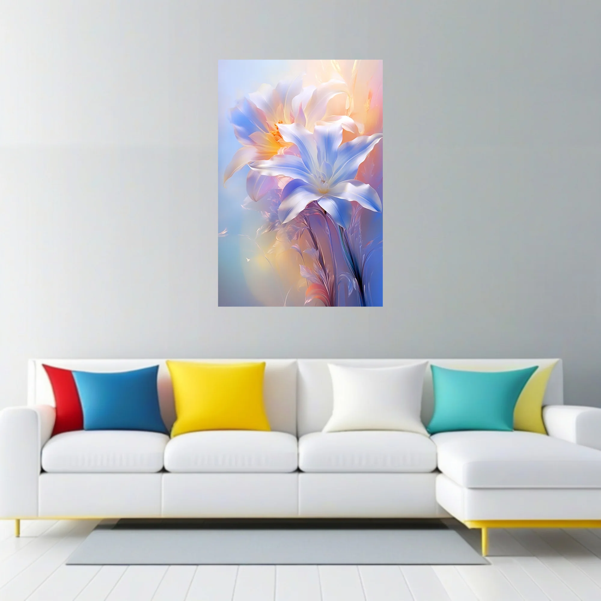 Iridescent lily-style floral art in soft blue, peach, and white pastel tones