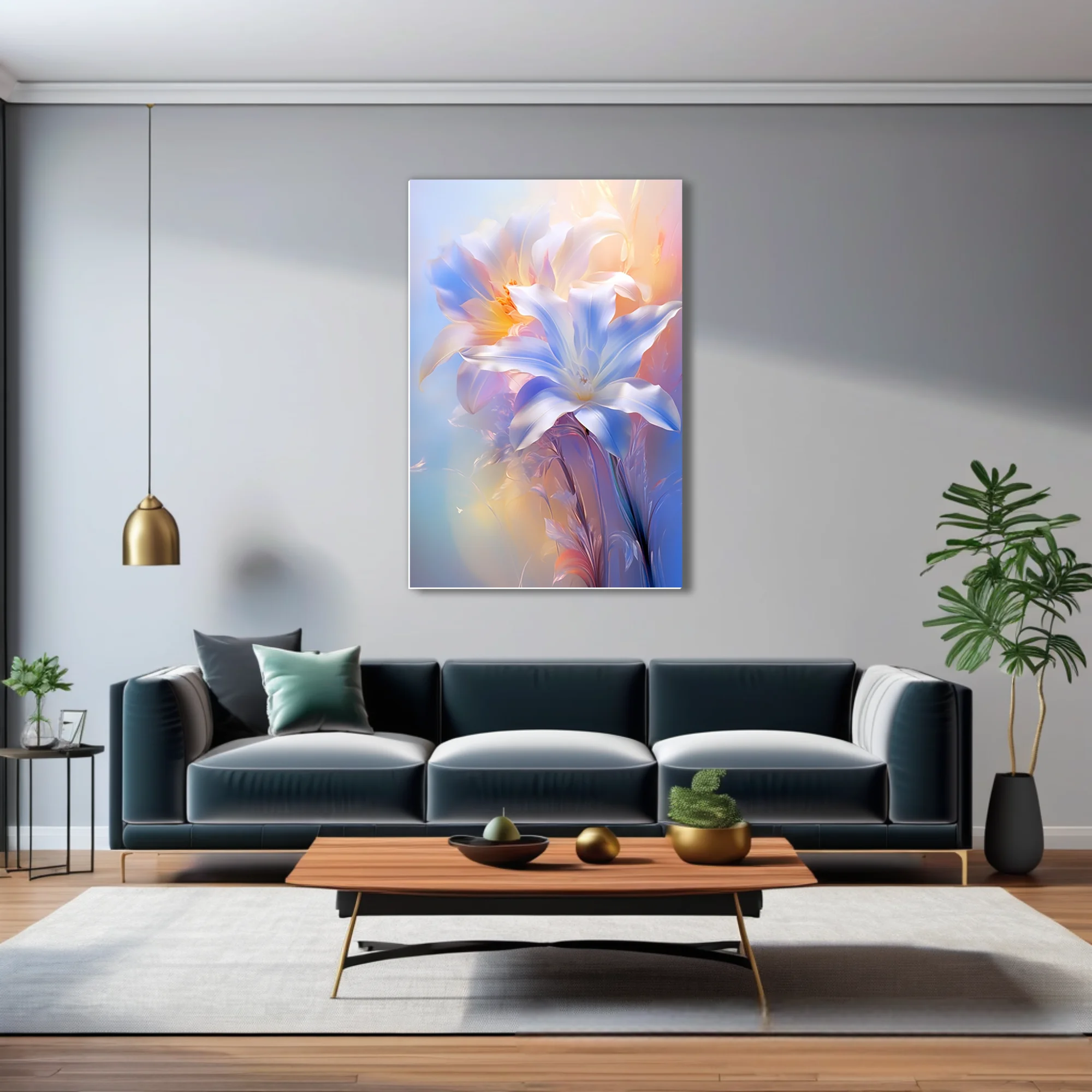 Iridescent lily-style floral art in soft blue, peach, and white pastel tones
