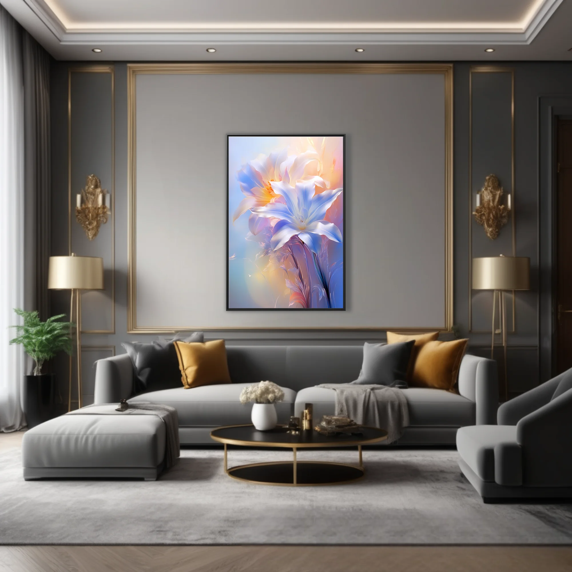 Iridescent lily-style floral art in soft blue, peach, and white pastel tones