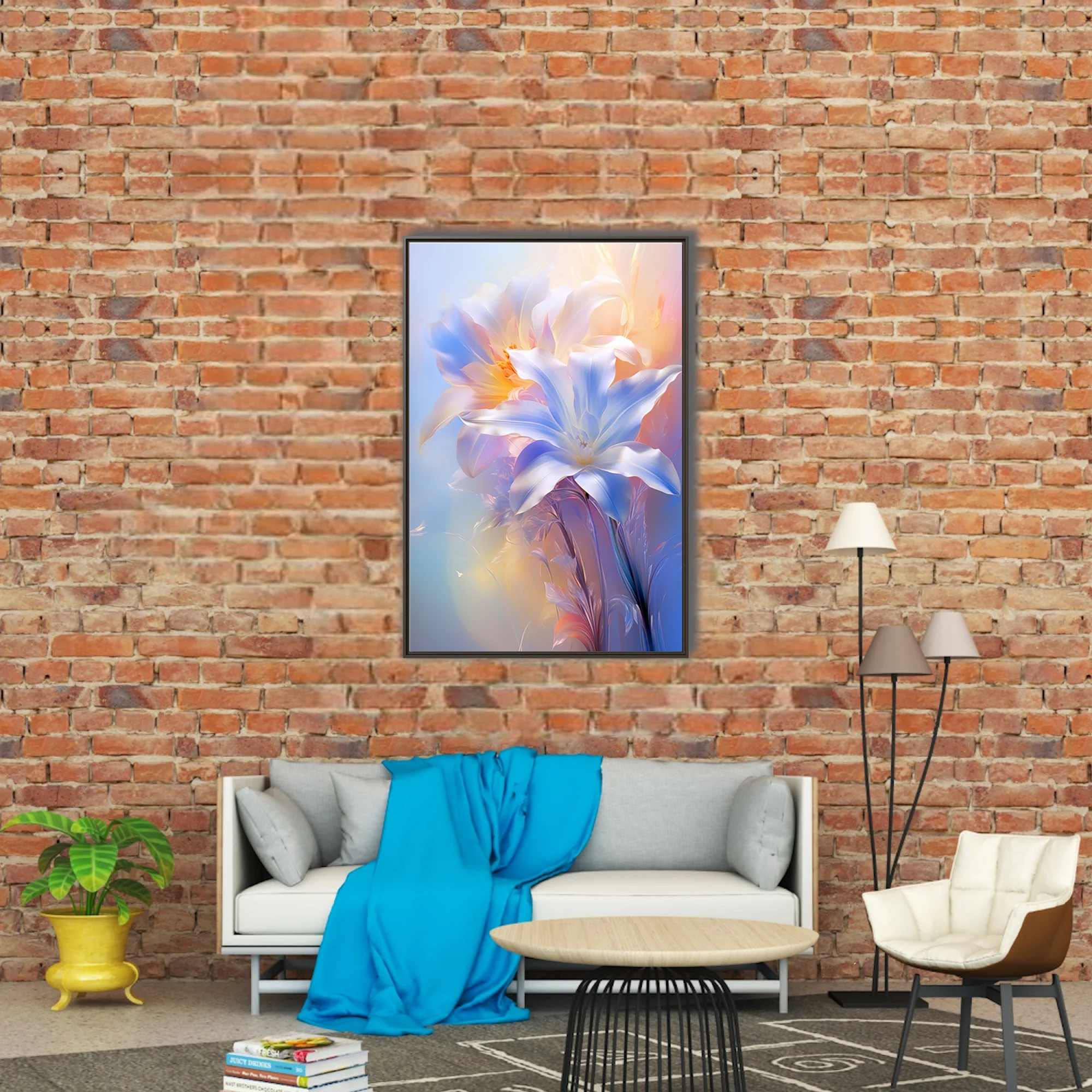 Iridescent lily-style floral art in soft blue, peach, and white pastel tones
