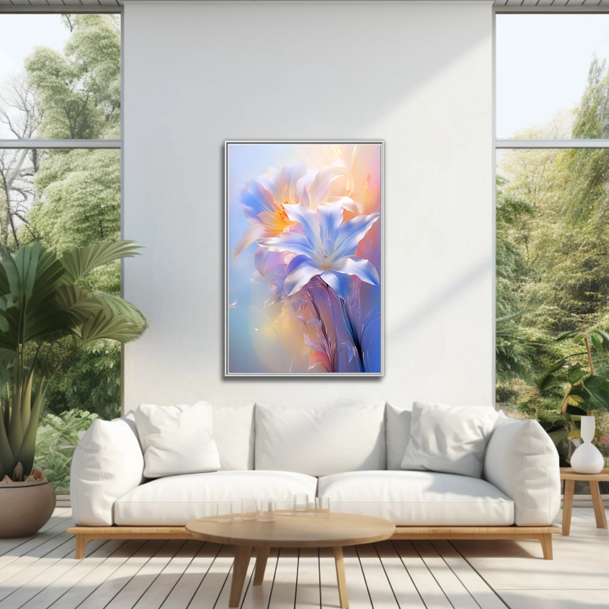 Iridescent lily-style floral art in soft blue, peach, and white pastel tones