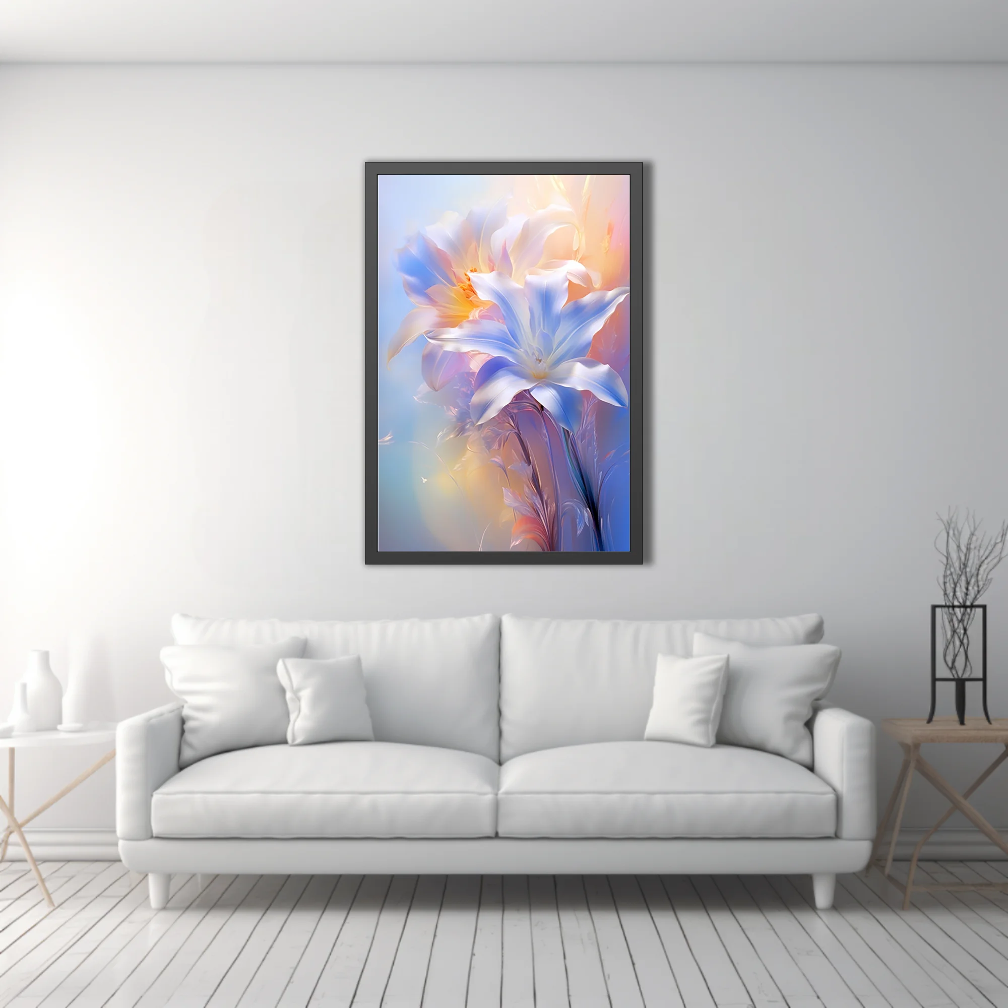 Iridescent lily-style floral art in soft blue, peach, and white pastel tones