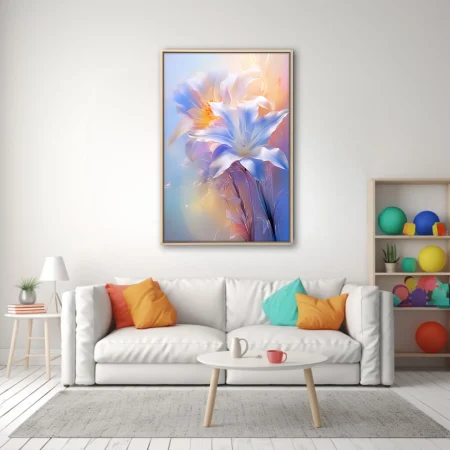Iridescent lily-style floral art in soft blue, peach, and white pastel tones