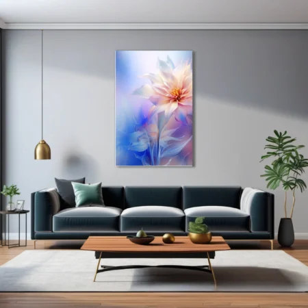 Dreamlike crystal floral illustration with translucent petals in soft peach and blue tones