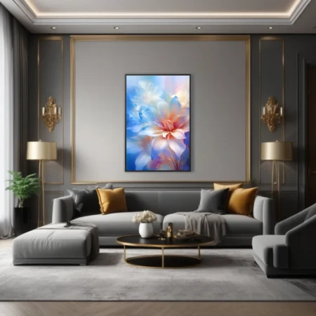 Dreamlike glowing floral art in soft blue and peach pastel tones