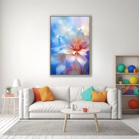 Dreamlike glowing floral art in soft blue and peach pastel tones