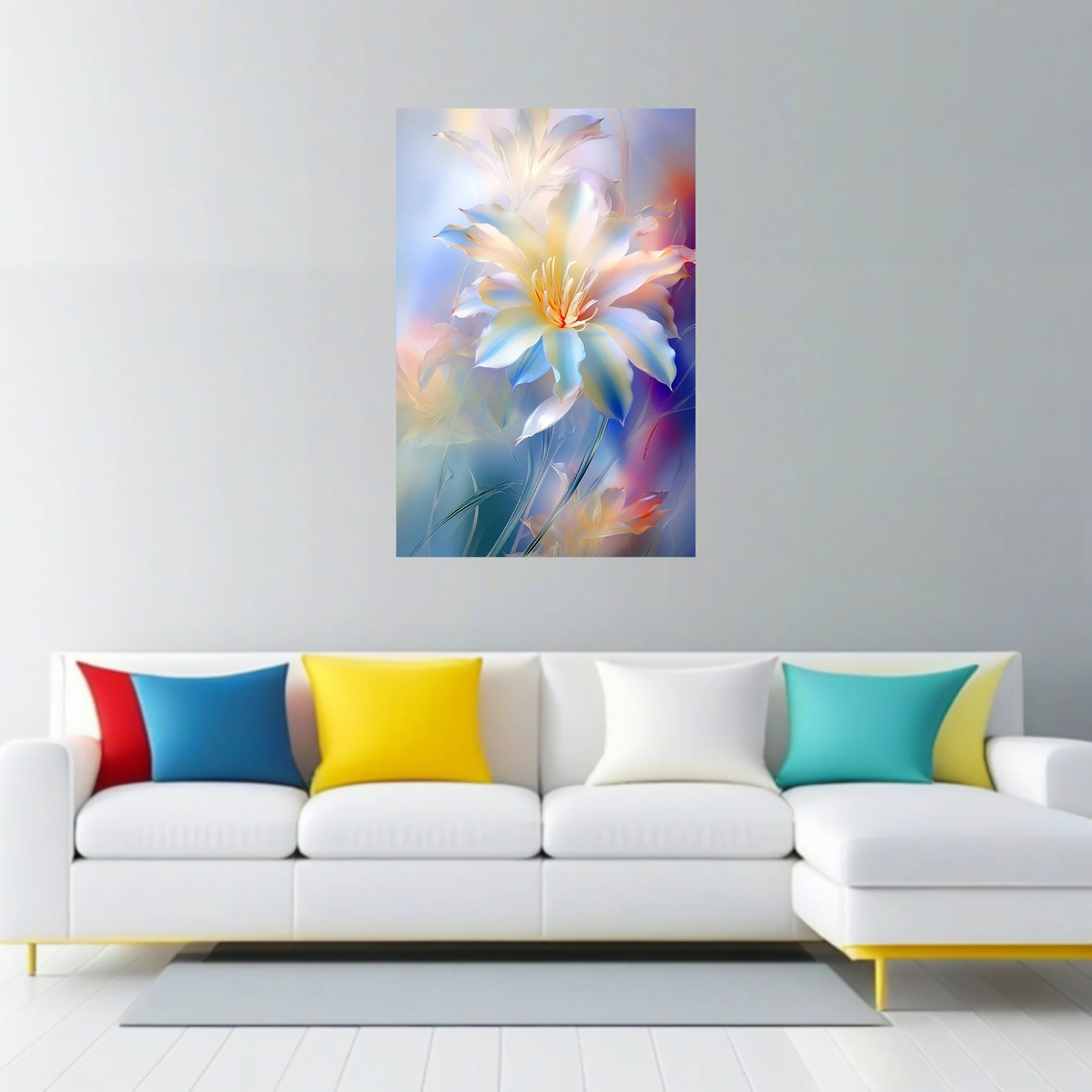 Luminous abstract lily-style floral art in iridescent white and pastel blue tones