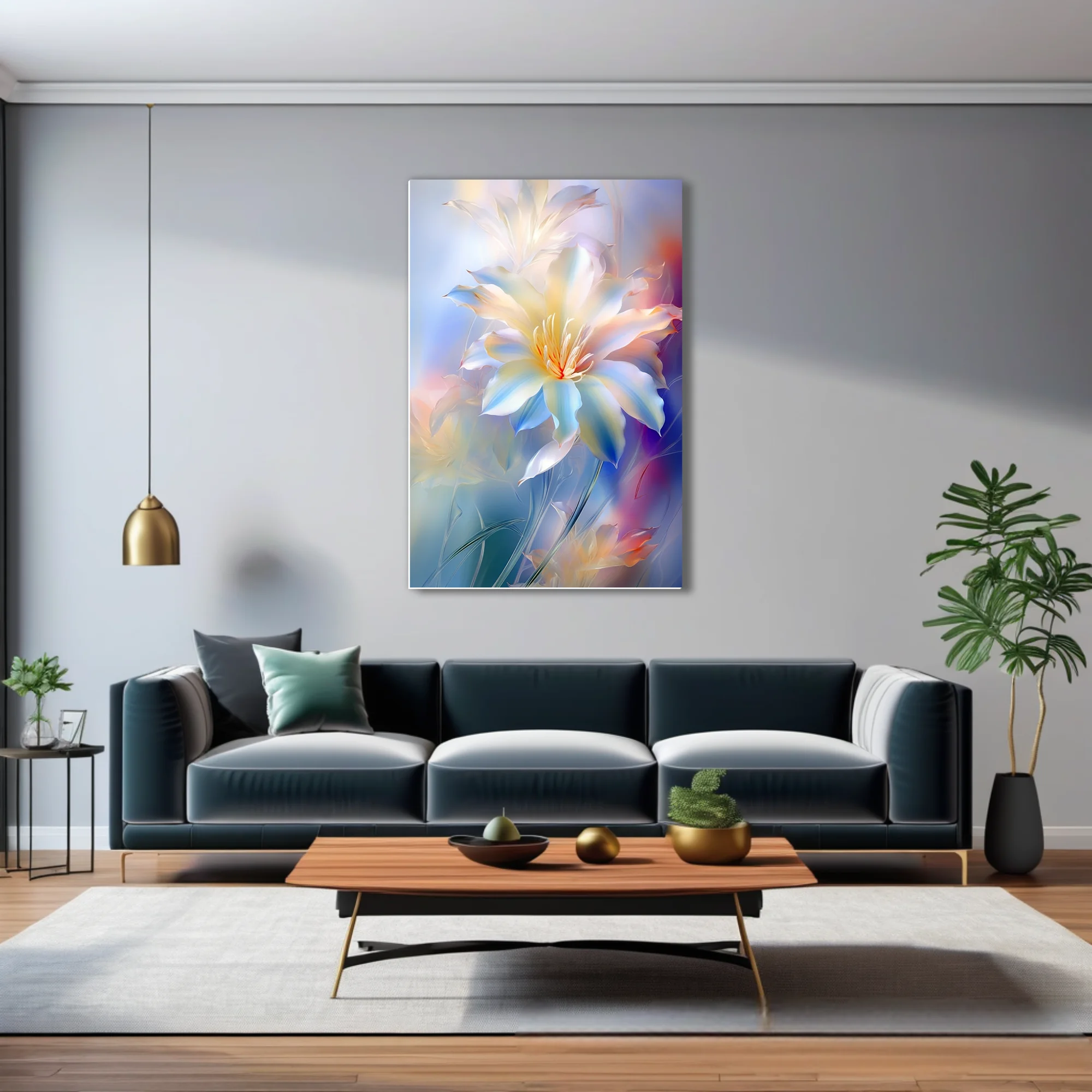 Luminous abstract lily-style floral art in iridescent white and pastel blue tones