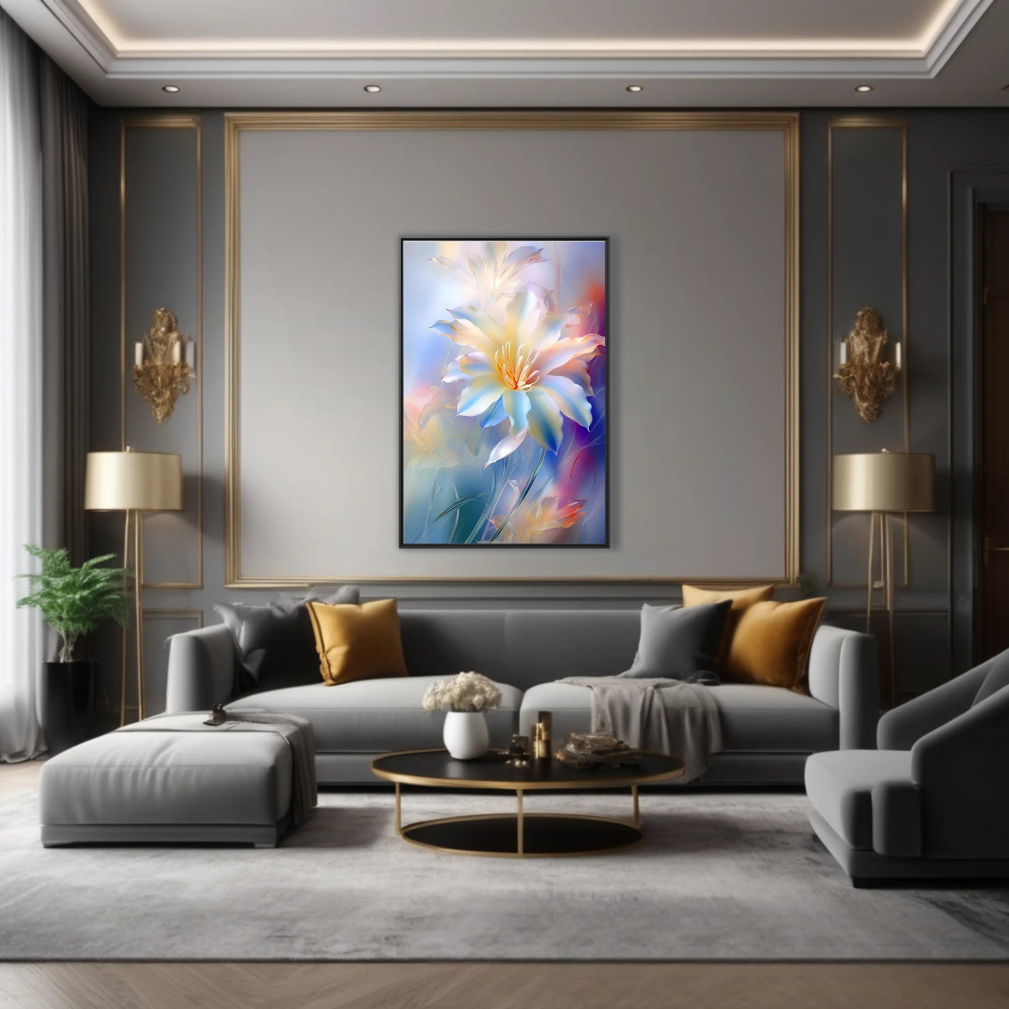 Luminous abstract lily-style floral art in iridescent white and pastel blue tones
