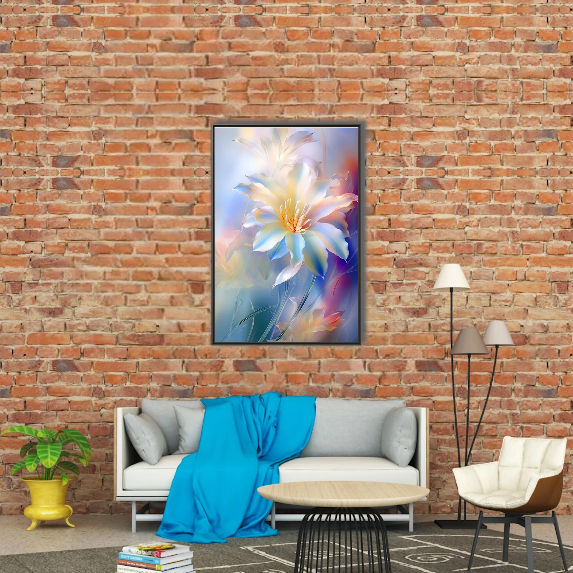 Luminous abstract lily-style floral art in iridescent white and pastel blue tones