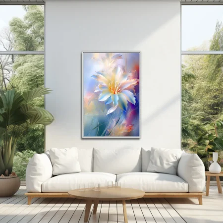 Luminous abstract lily-style floral art in iridescent white and pastel blue tones