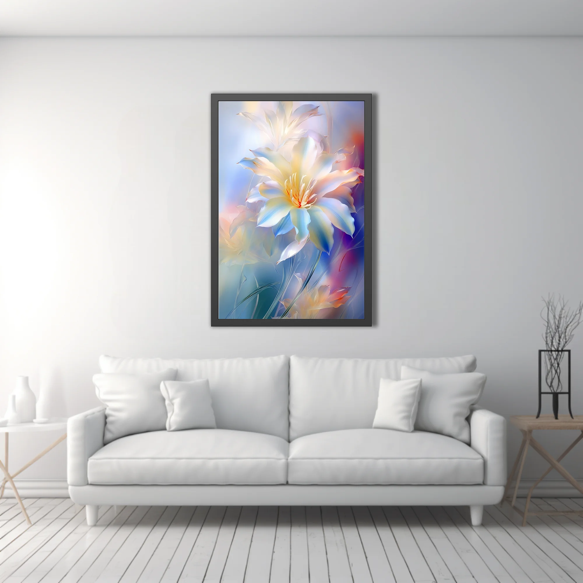 Luminous abstract lily-style floral art in iridescent white and pastel blue tones