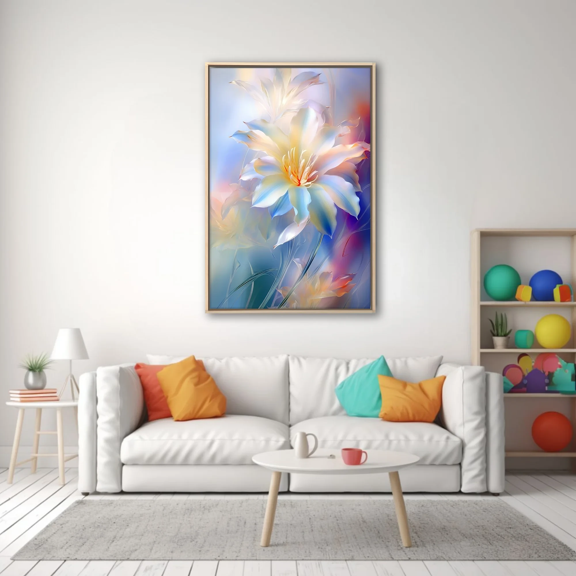 Luminous abstract lily-style floral art in iridescent white and pastel blue tones