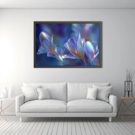 Iridescent glass-effect abstract flowers in holographic blue and violet tones