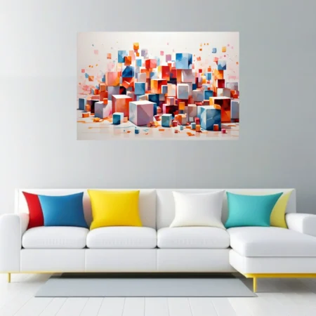 Abstract floating cubes in coral, blue, and orange on white background