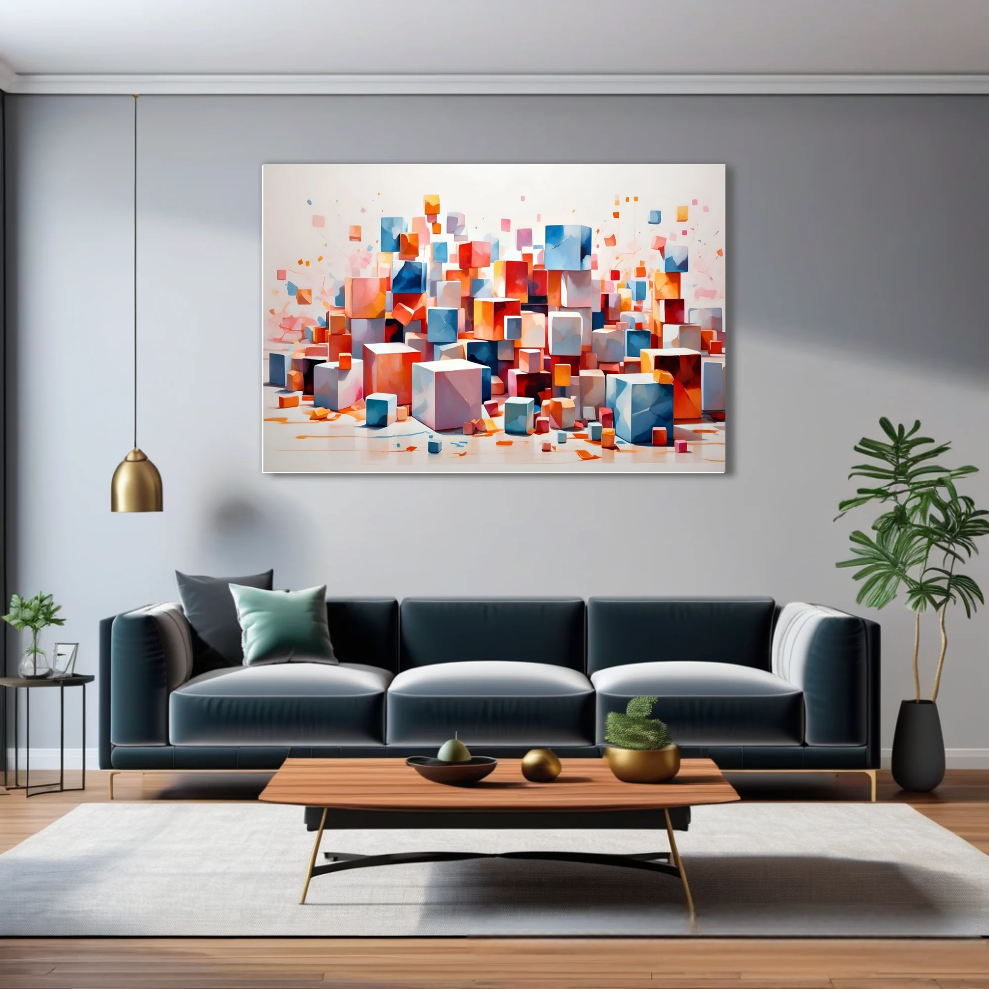 Abstract floating cubes in coral, blue, and orange on white background