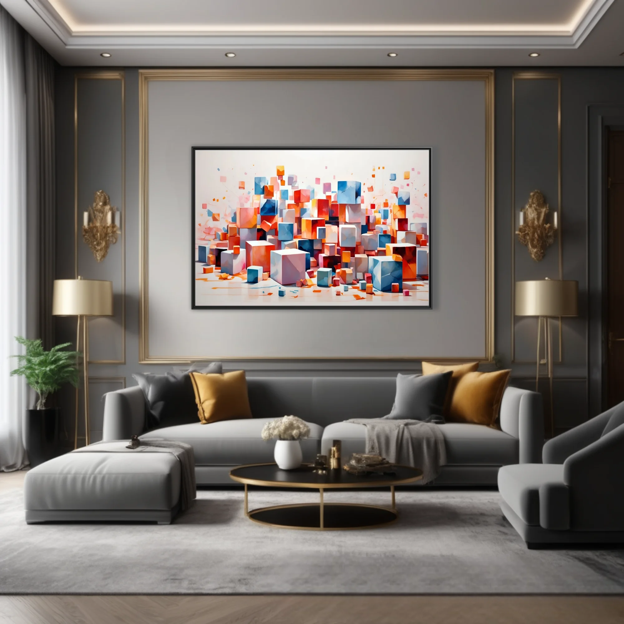 Abstract floating cubes in coral, blue, and orange on white background