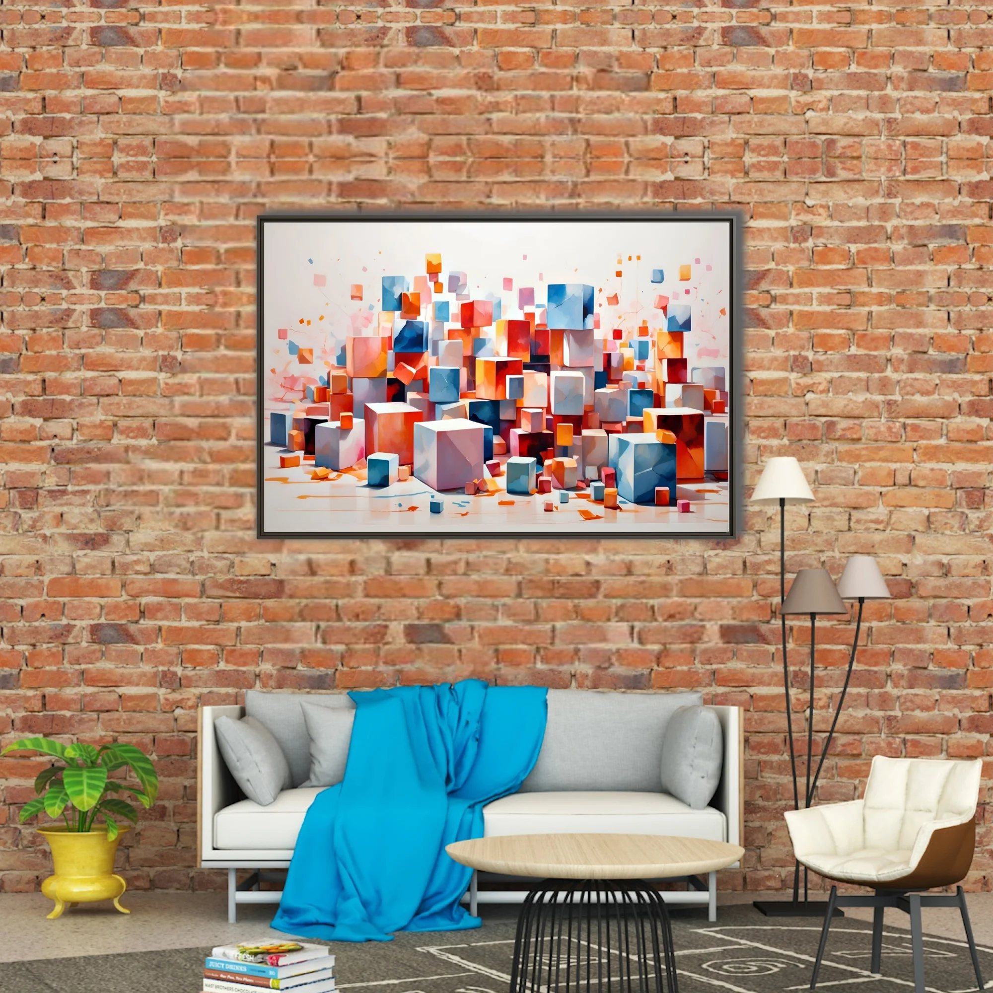 Abstract floating cubes in coral, blue, and orange on white background