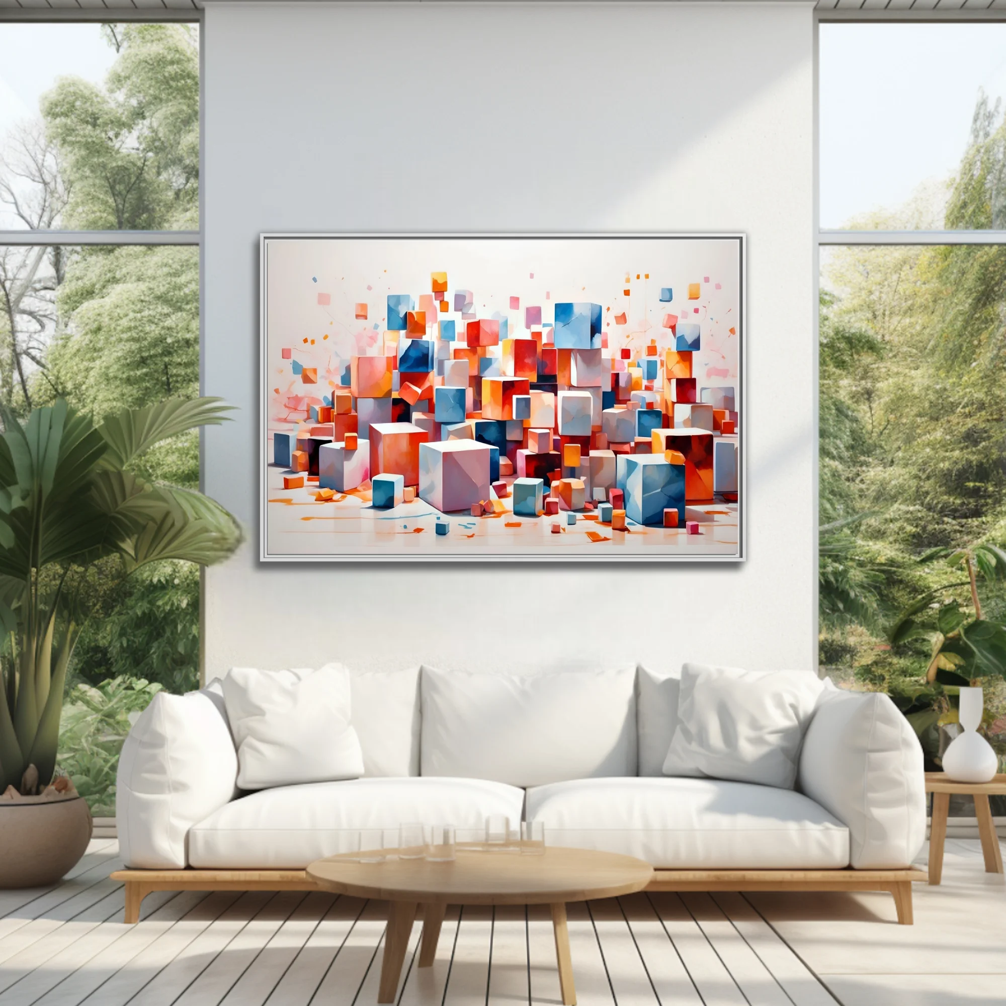 Abstract floating cubes in coral, blue, and orange on white background