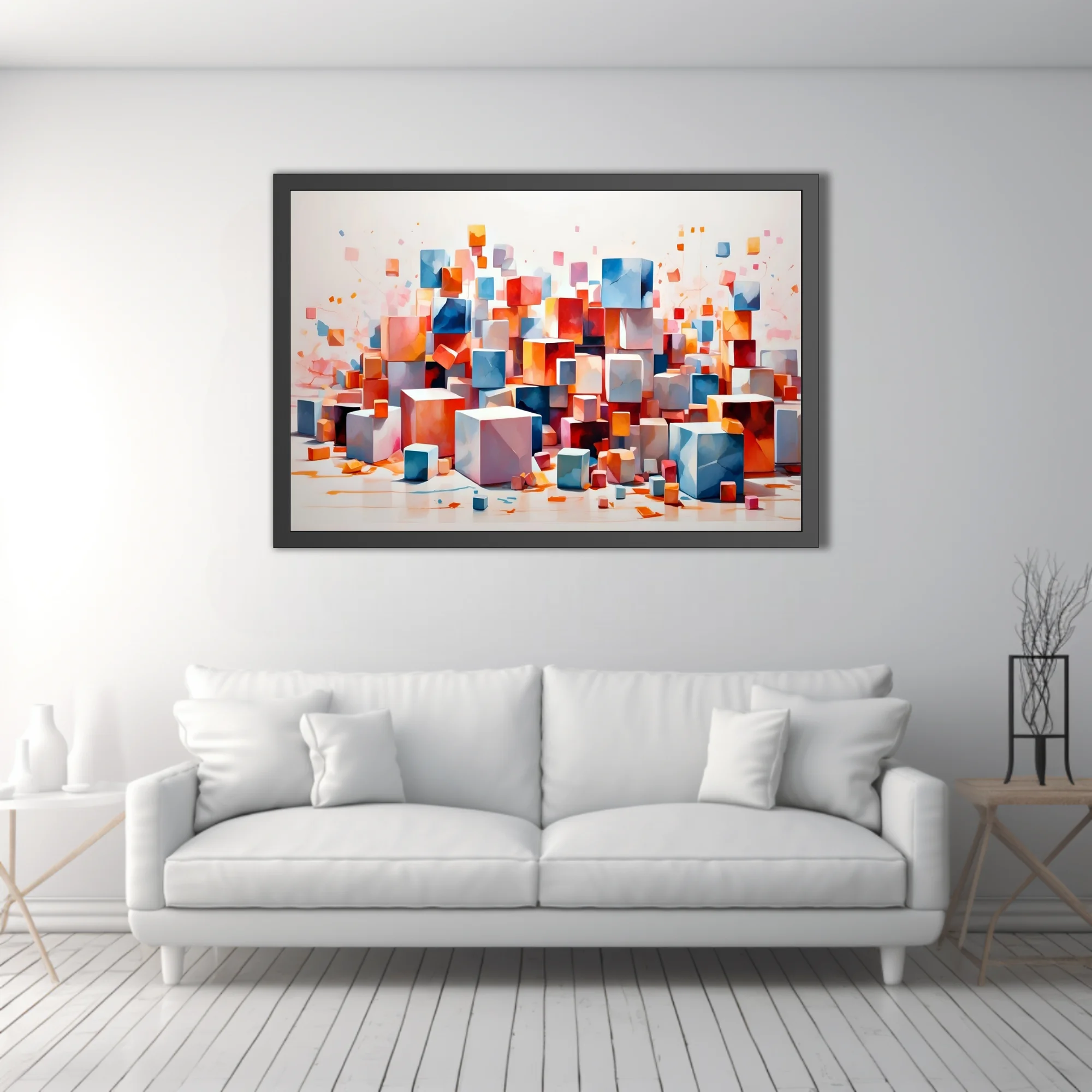 Abstract floating cubes in coral, blue, and orange on white background