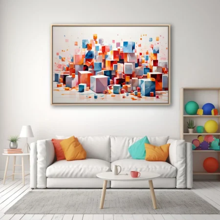 Abstract floating cubes in coral, blue, and orange on white background