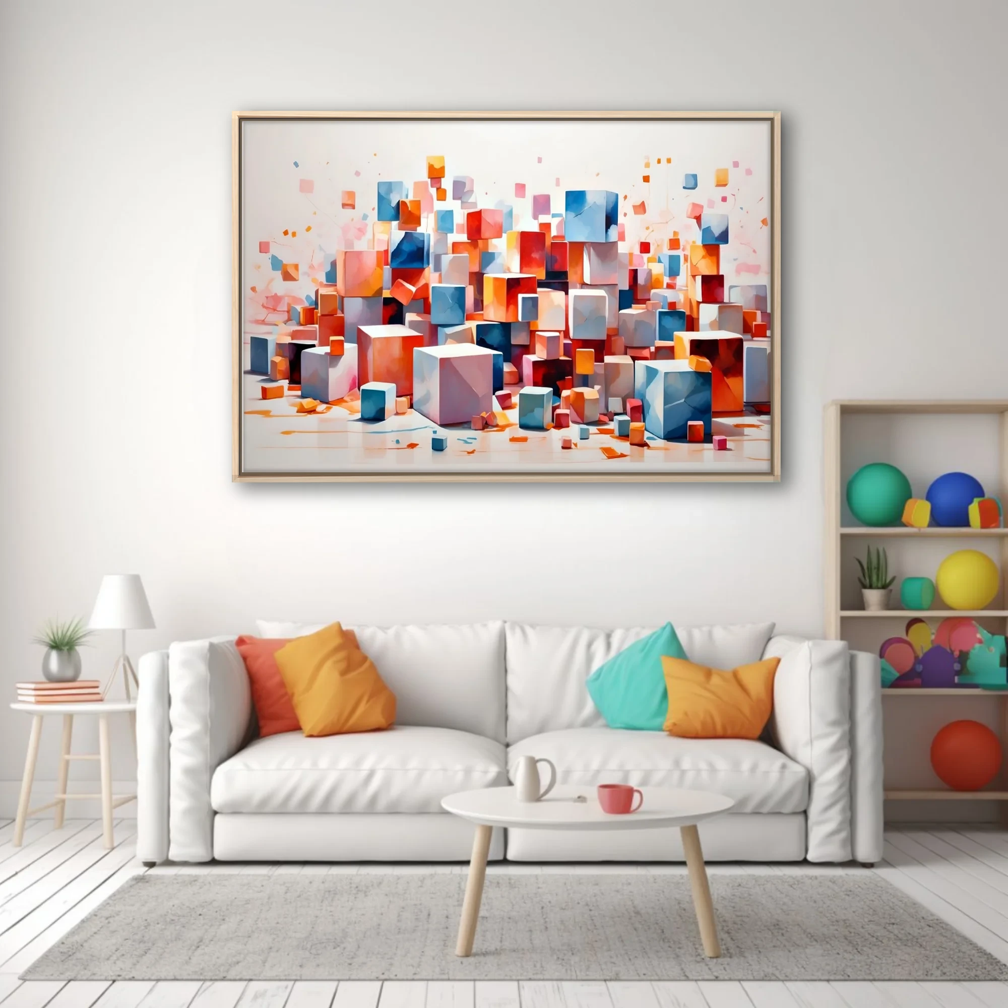 Abstract floating cubes in coral, blue, and orange on white background