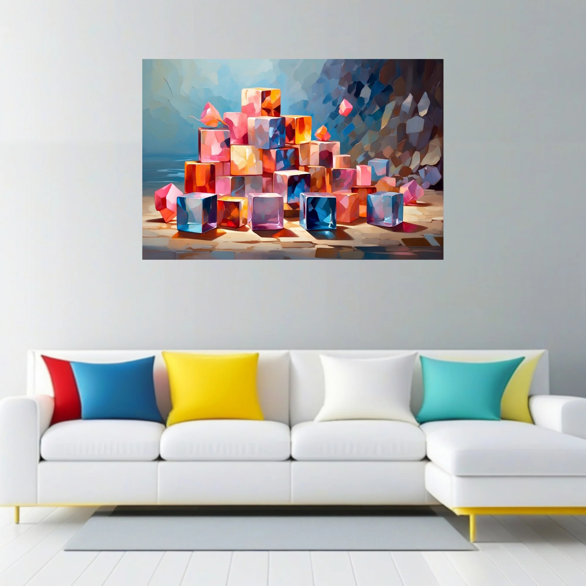 Colorful abstract cubes in pink, orange, and blue with
