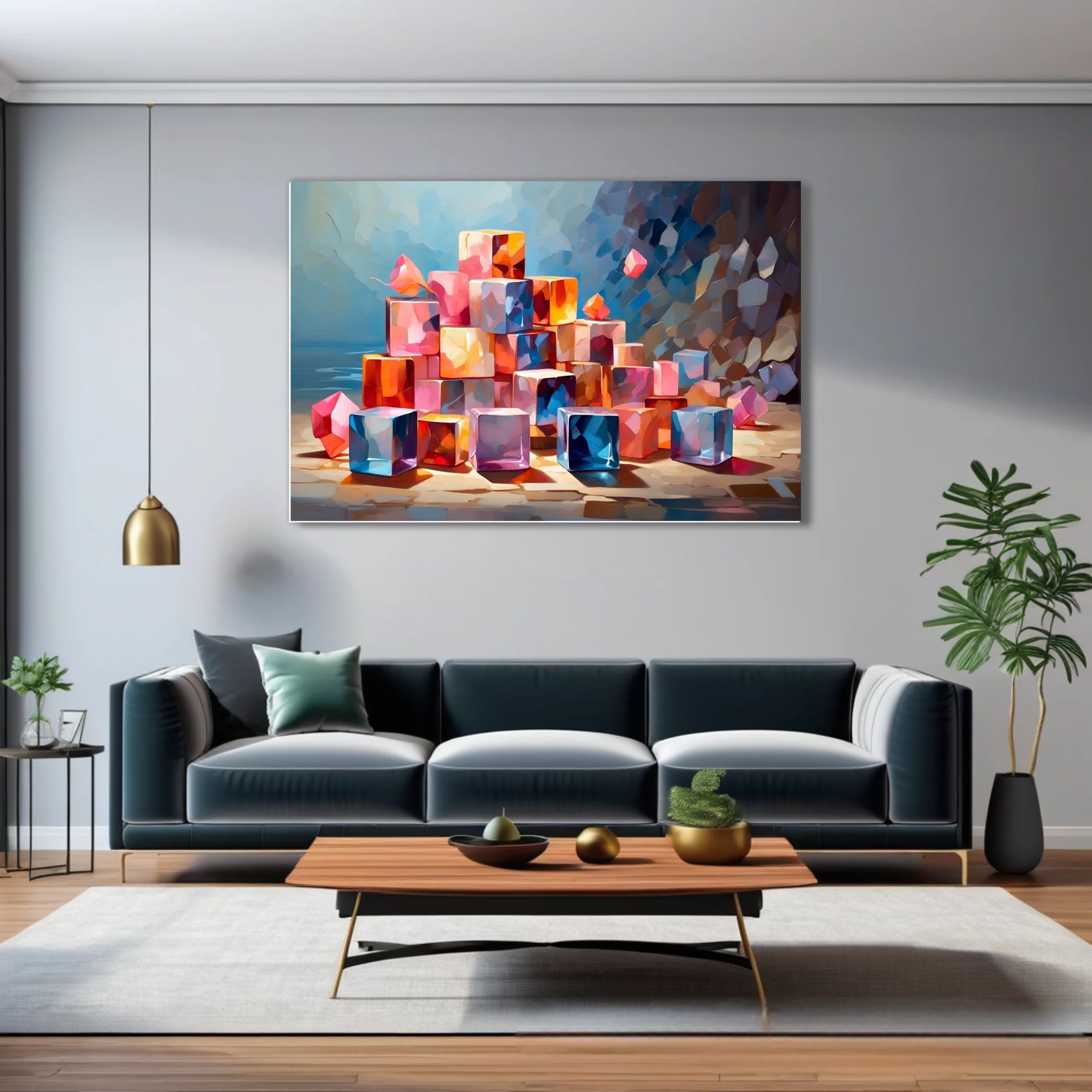 Colorful abstract cubes in pink, orange, and blue with
