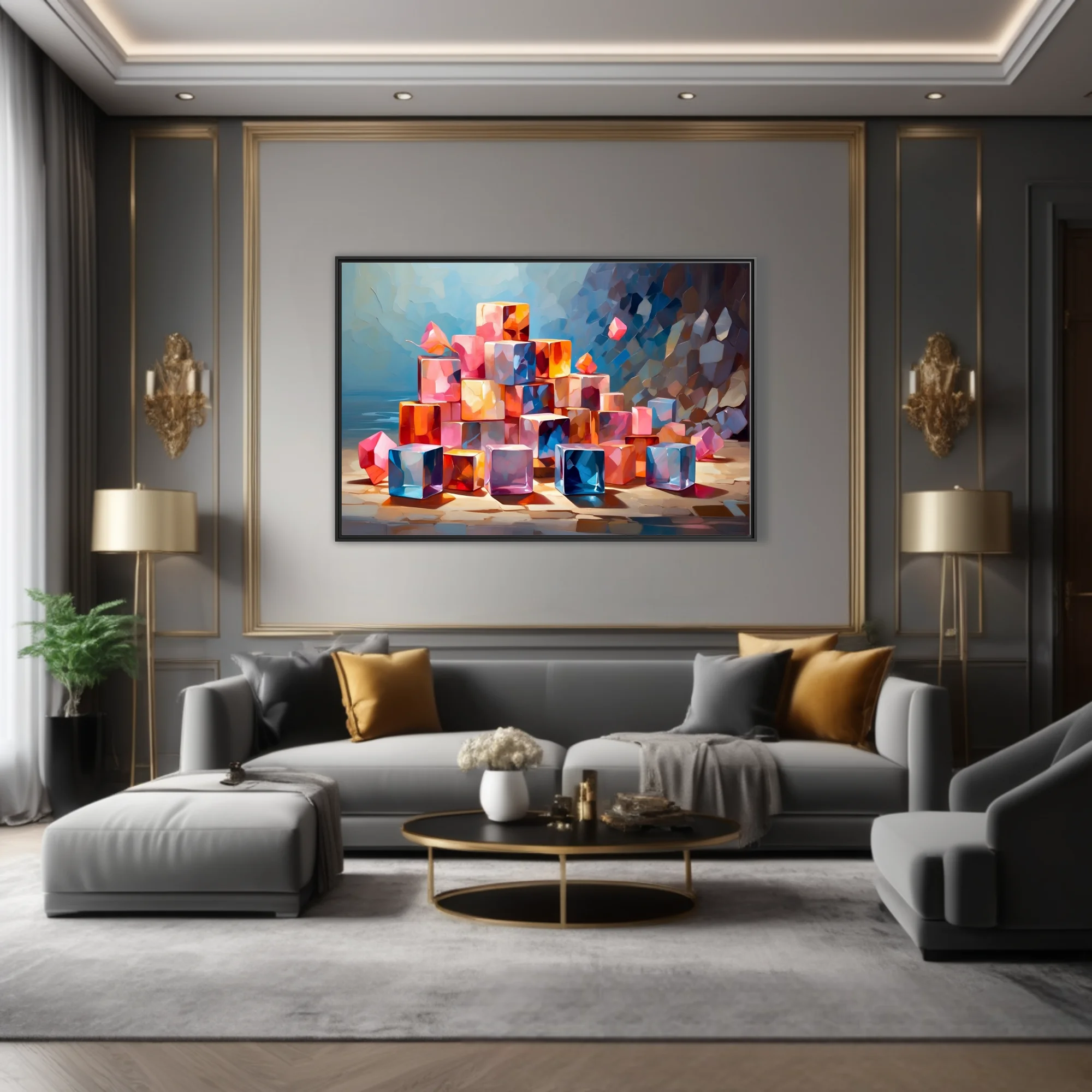 Colorful abstract cubes in pink, orange, and blue with