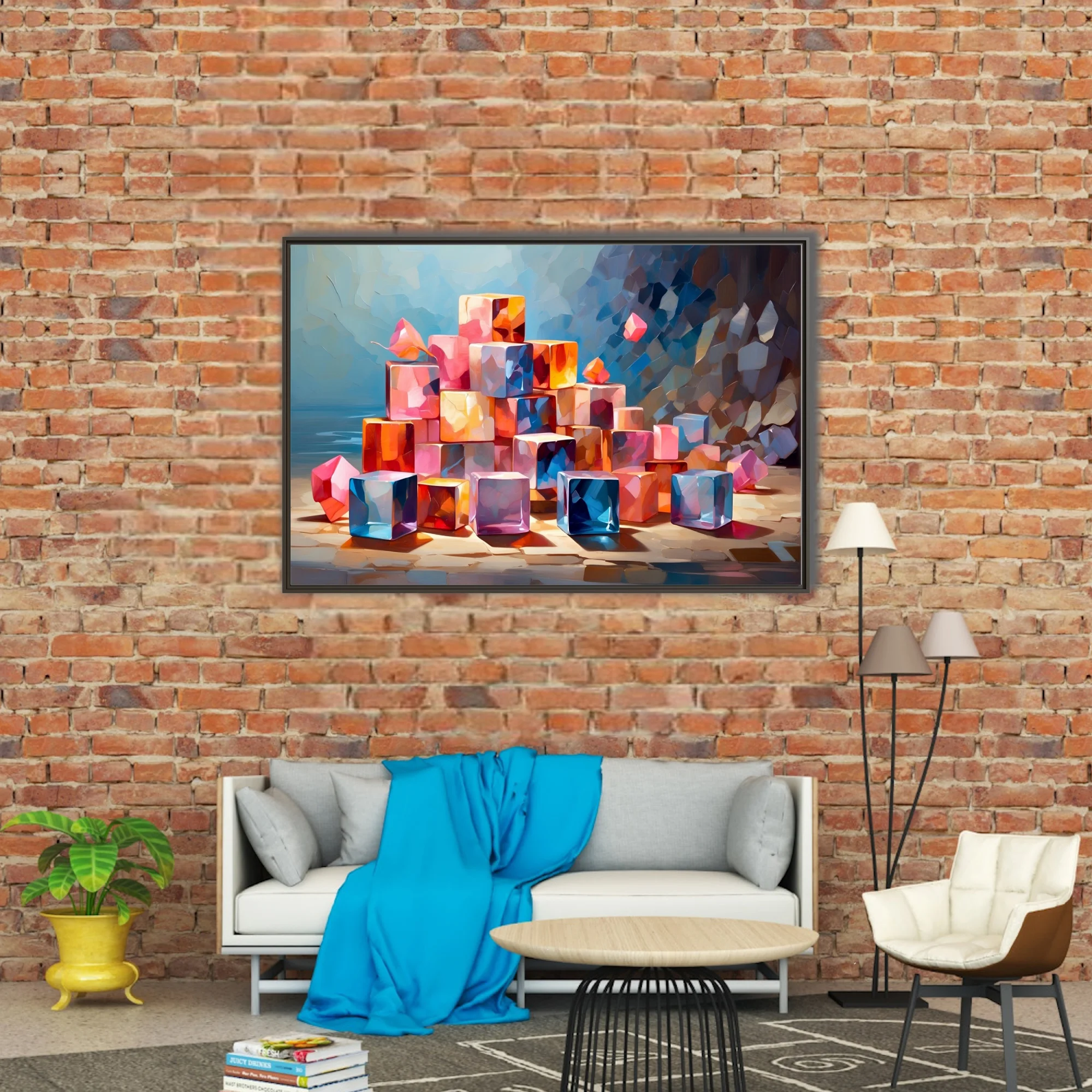 Colorful abstract cubes in pink, orange, and blue with