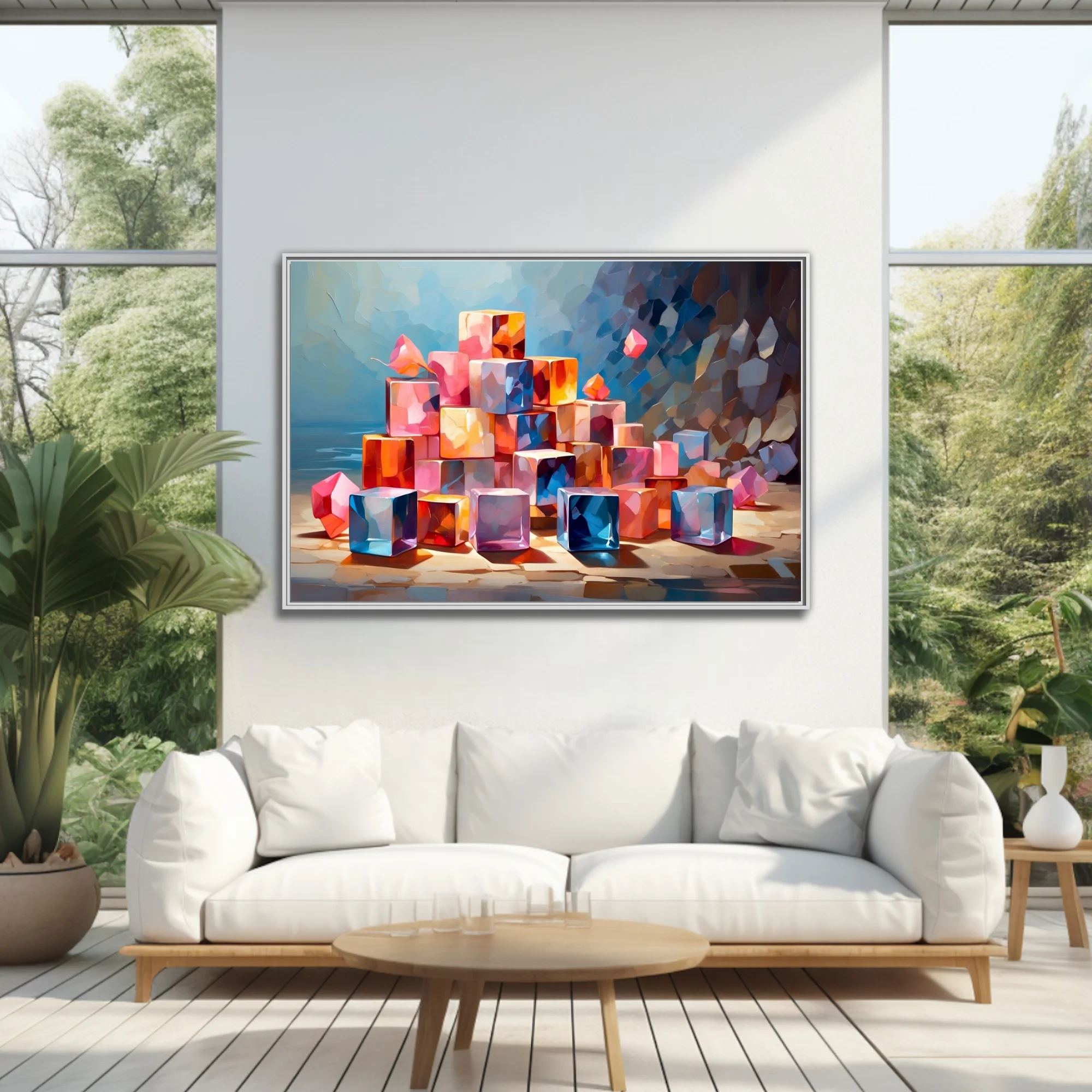 Colorful abstract cubes in pink, orange, and blue with