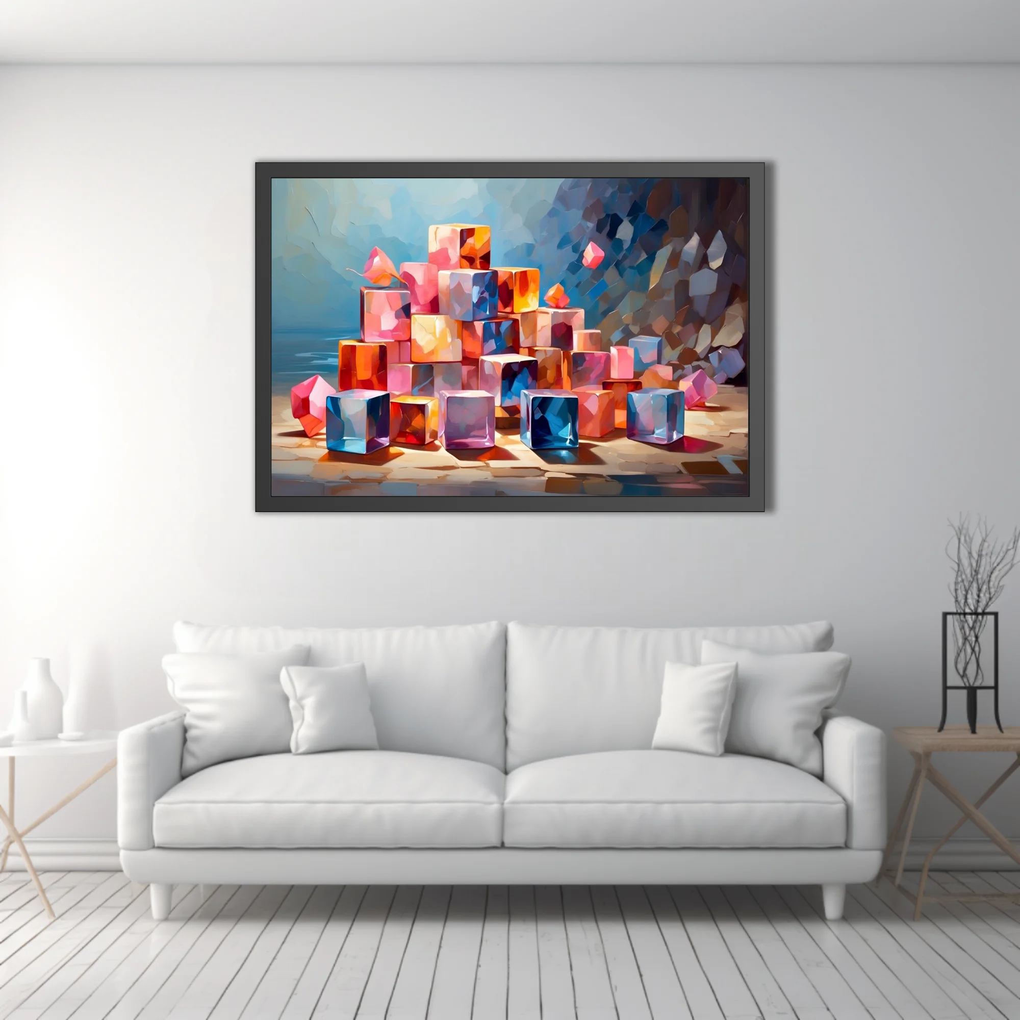 Colorful abstract cubes in pink, orange, and blue with