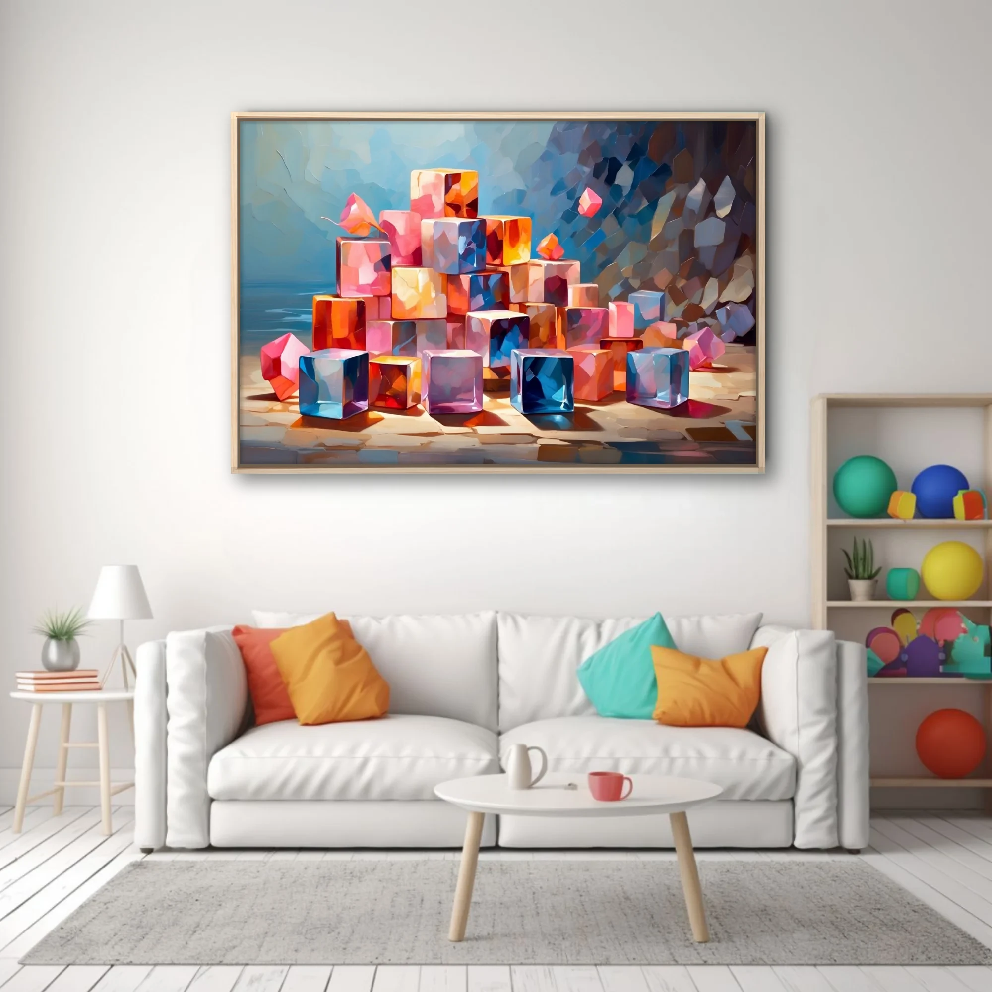 Colorful abstract cubes in pink, orange, and blue with