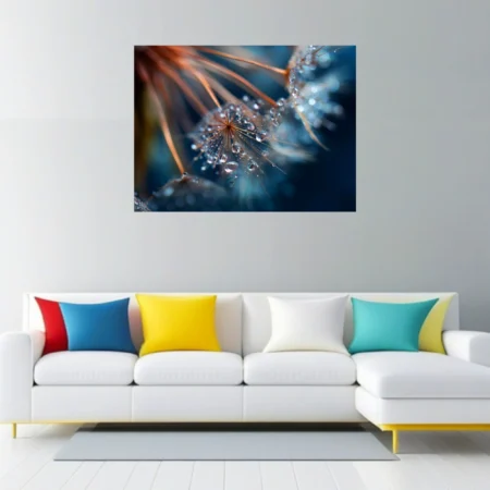 Macro dandelion seed with crystal dew drops, blue and copper tones