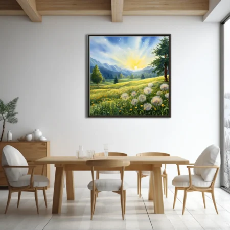 Watercolor-style sunny meadow with dandelion seed heads, golden grasses, and mountain backdrop