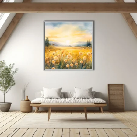 Watercolor-style golden meadow with dandelion seed-heads and misty mountain sunrise