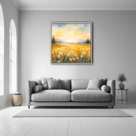Watercolor-style golden meadow with dandelion seed-heads and misty mountain sunrise