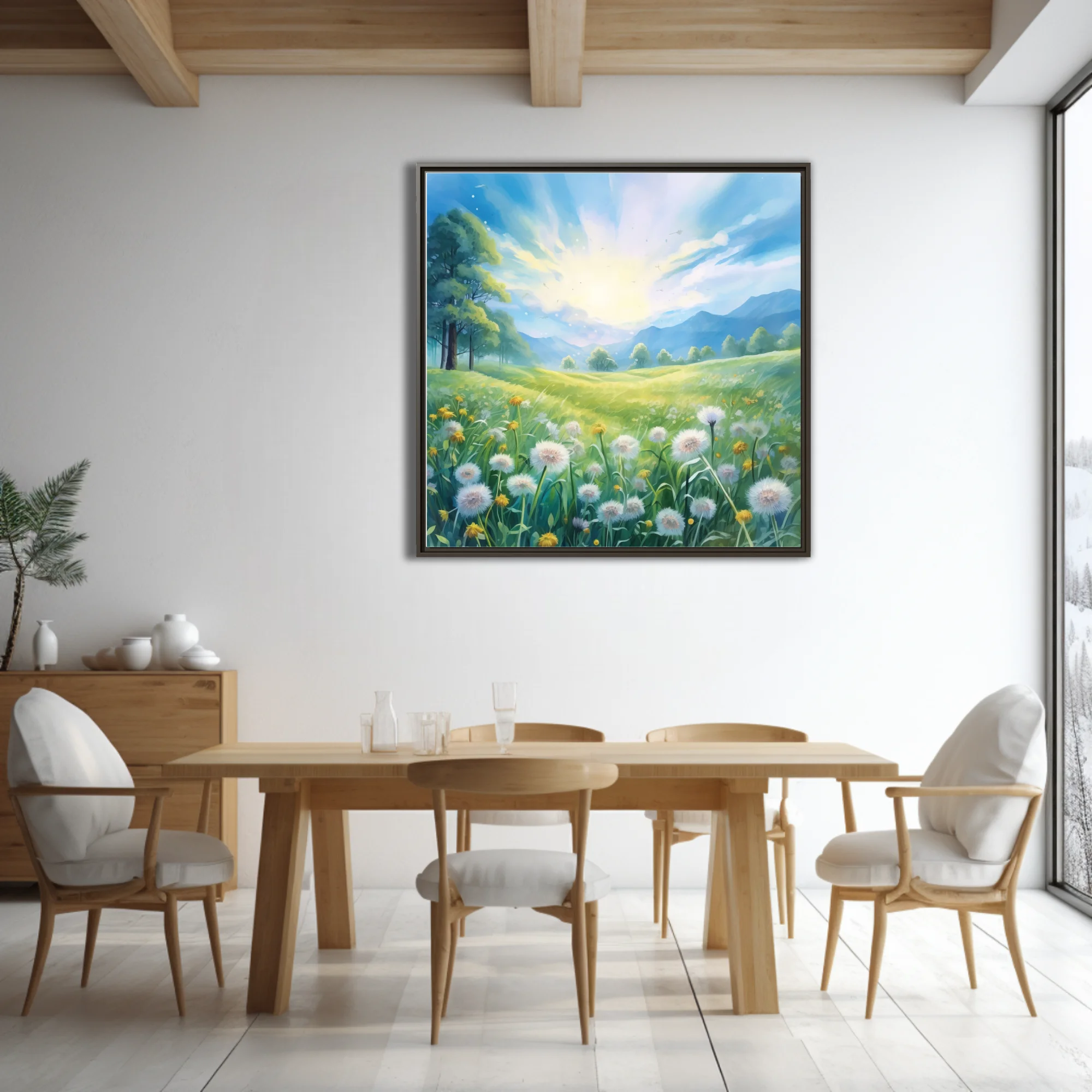 Watercolor-style sunlit dandelion meadow with mountains and glowing sky