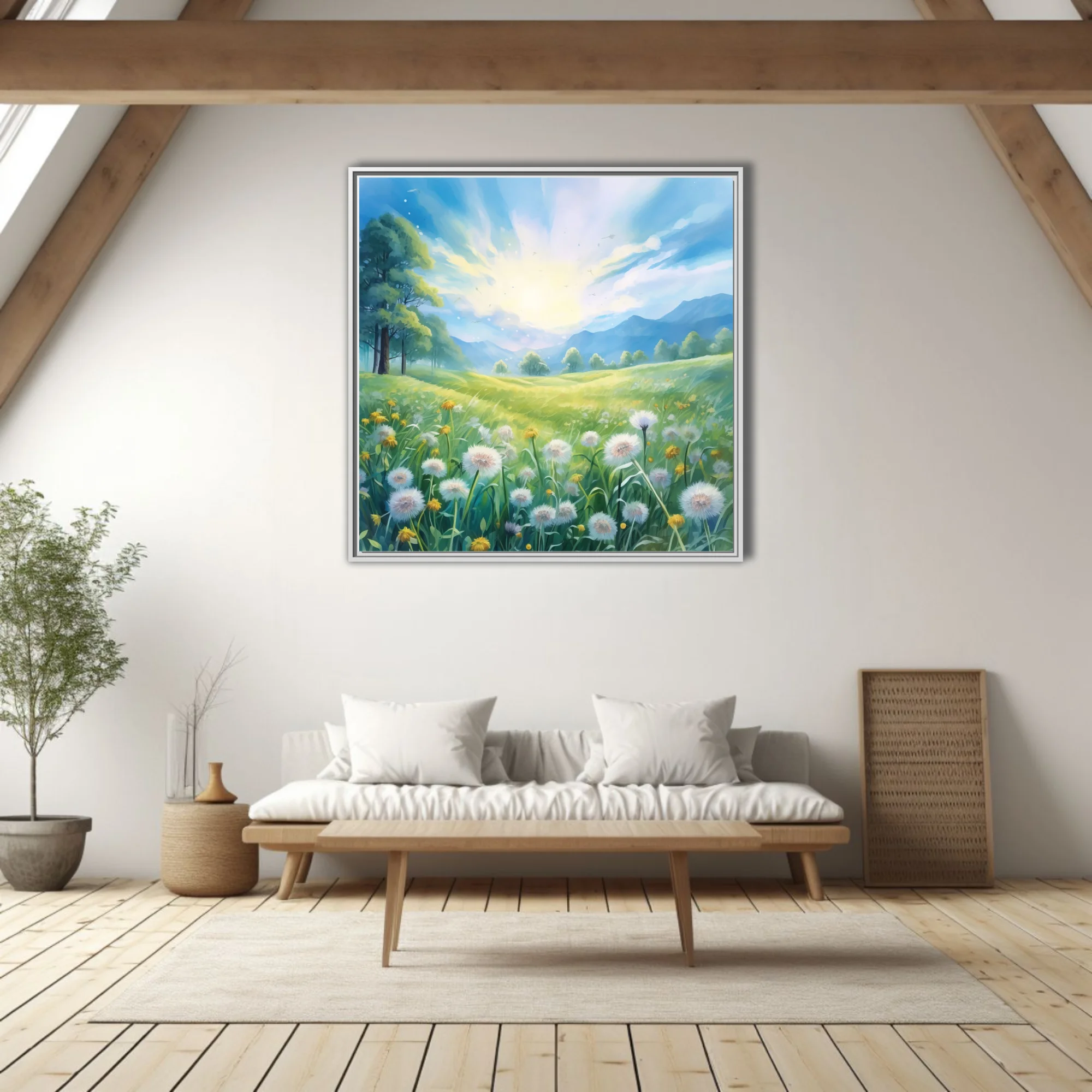 Watercolor-style sunlit dandelion meadow with mountains and glowing sky