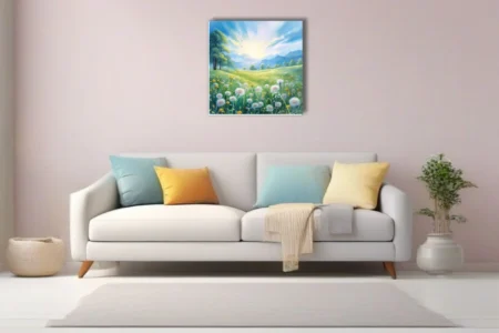 Watercolor-style sunlit dandelion meadow with mountains and glowing sky