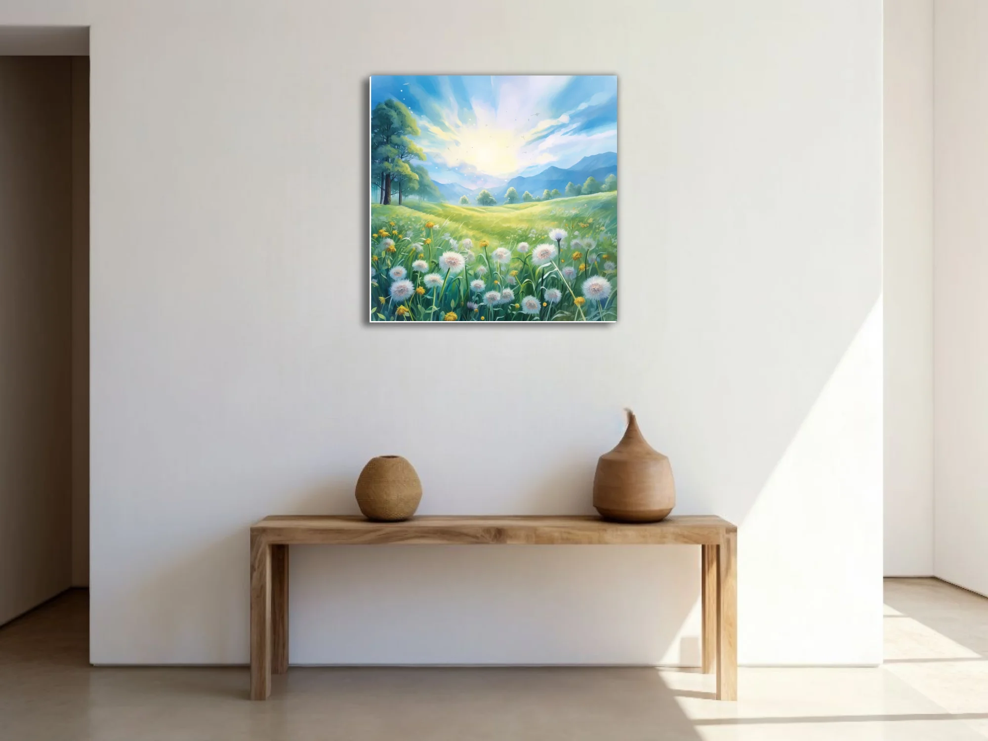 Watercolor-style sunlit dandelion meadow with mountains and glowing sky