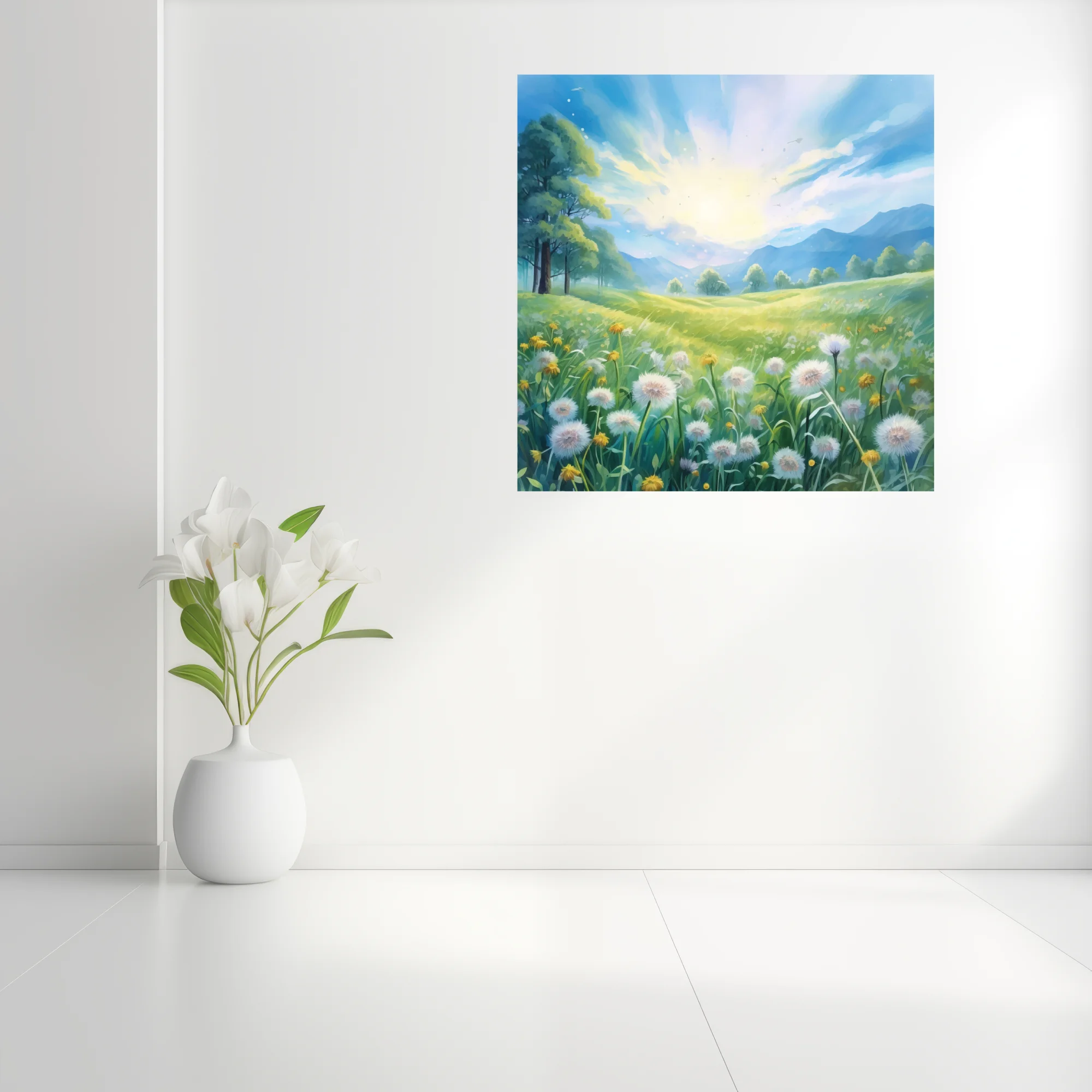 Watercolor-style sunlit dandelion meadow with mountains and glowing sky