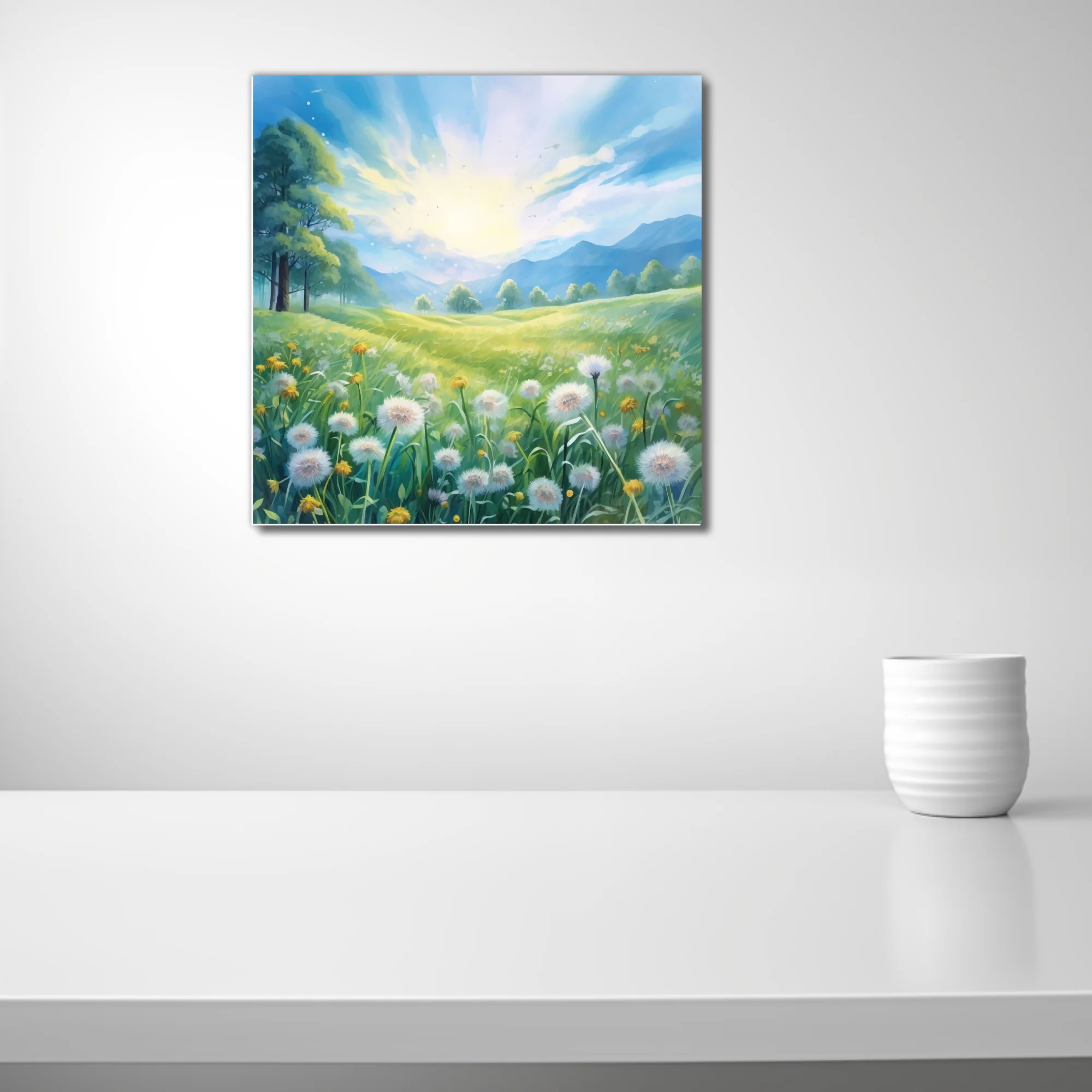 Watercolor-style sunlit dandelion meadow with mountains and glowing sky