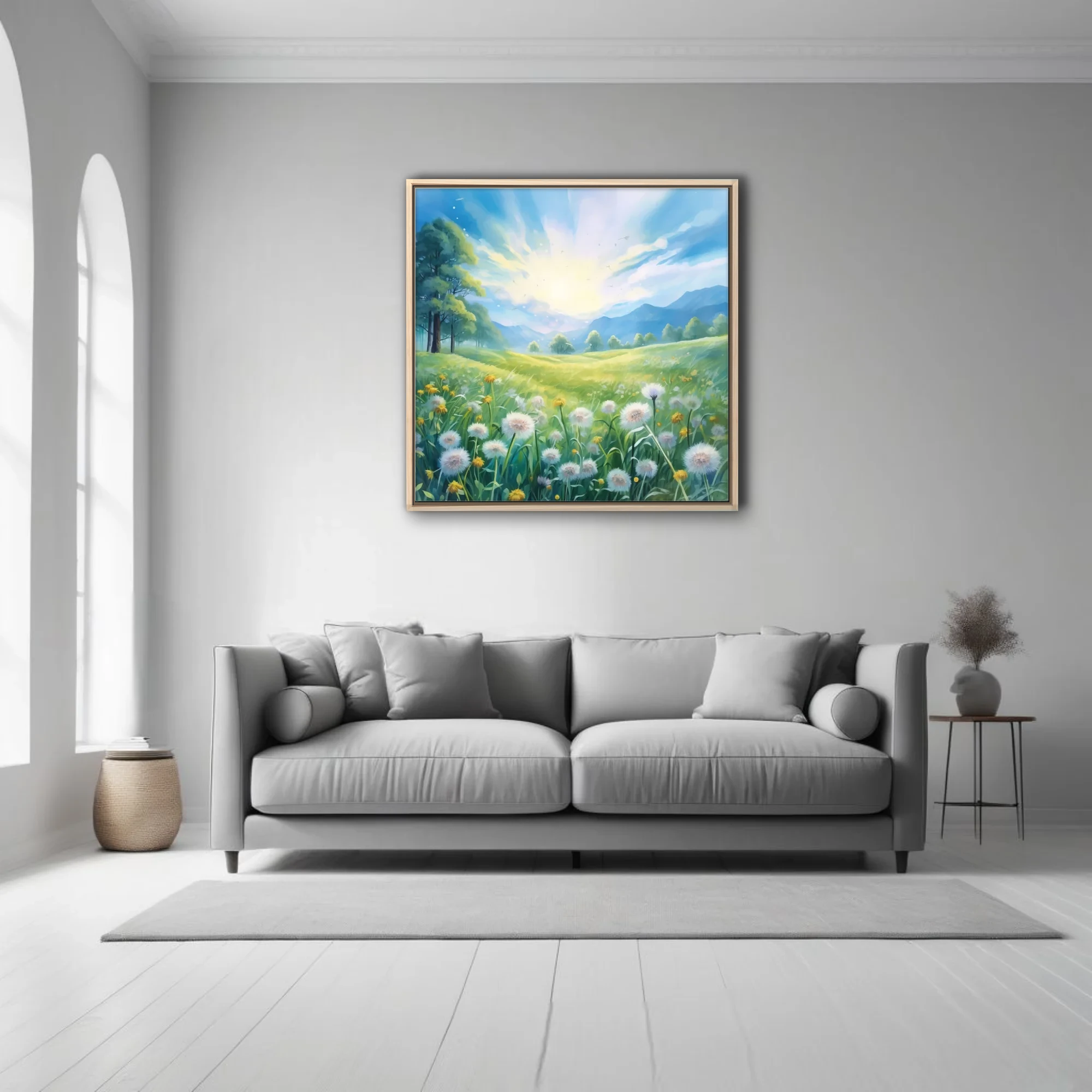 Watercolor-style sunlit dandelion meadow with mountains and glowing sky