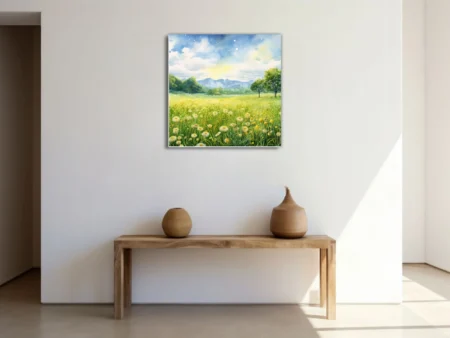 Watercolor-style dandelion meadow with mountains and bright sky in fresh yellows and greens
