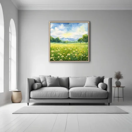 Watercolor-style dandelion meadow with mountains and bright sky in fresh yellows and greens