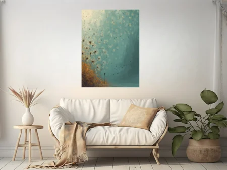 Teal and ochre dandelion seed-heads drifting in wind, stylized botanical wall art with birds