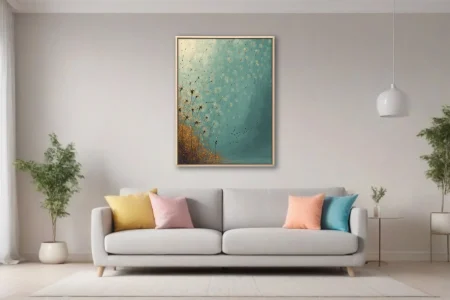 Teal and ochre dandelion seed-heads drifting in wind, stylized botanical wall art with birds