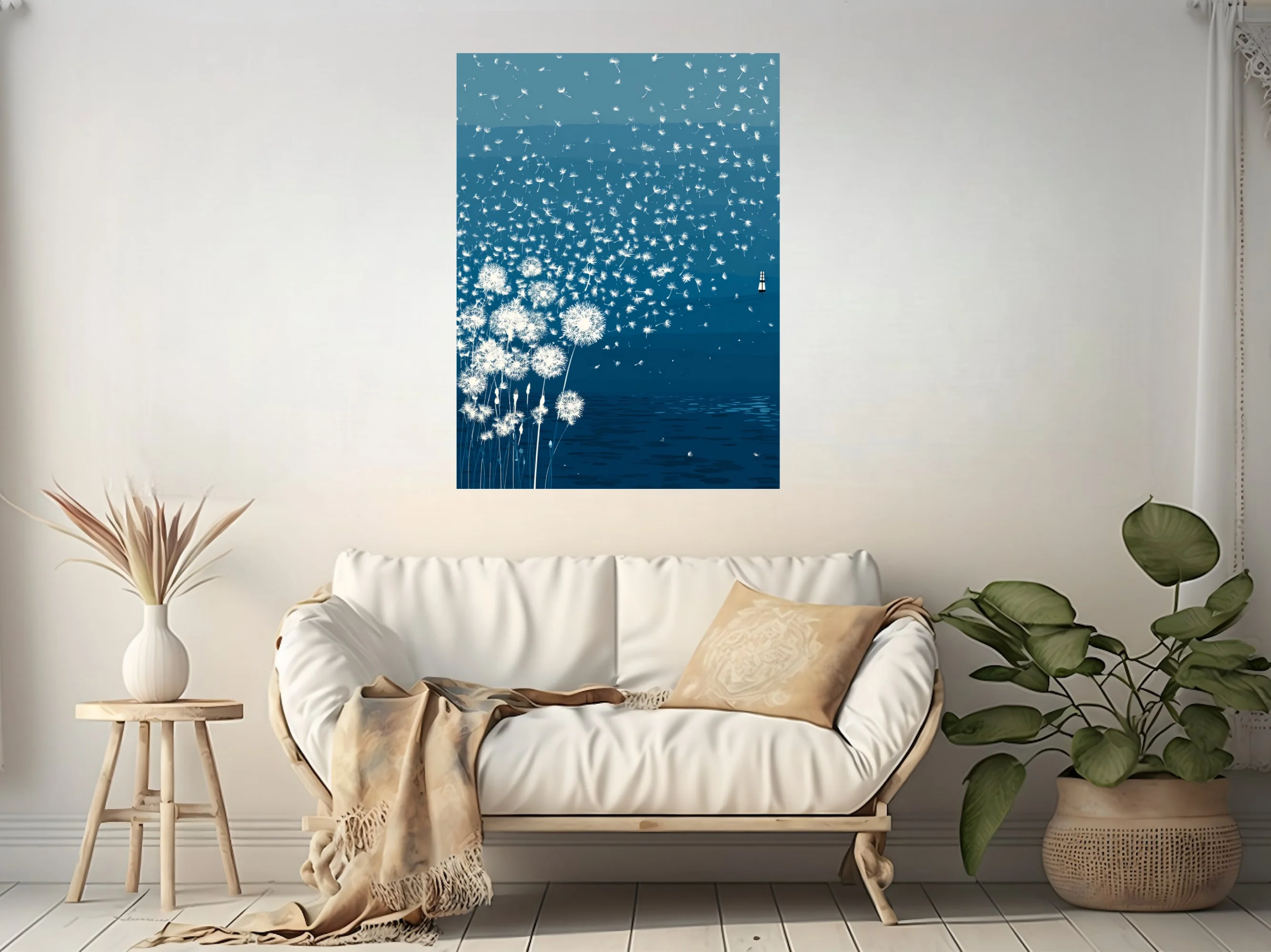 Minimalist teal illustration of dandelion seeds drifting over calm water